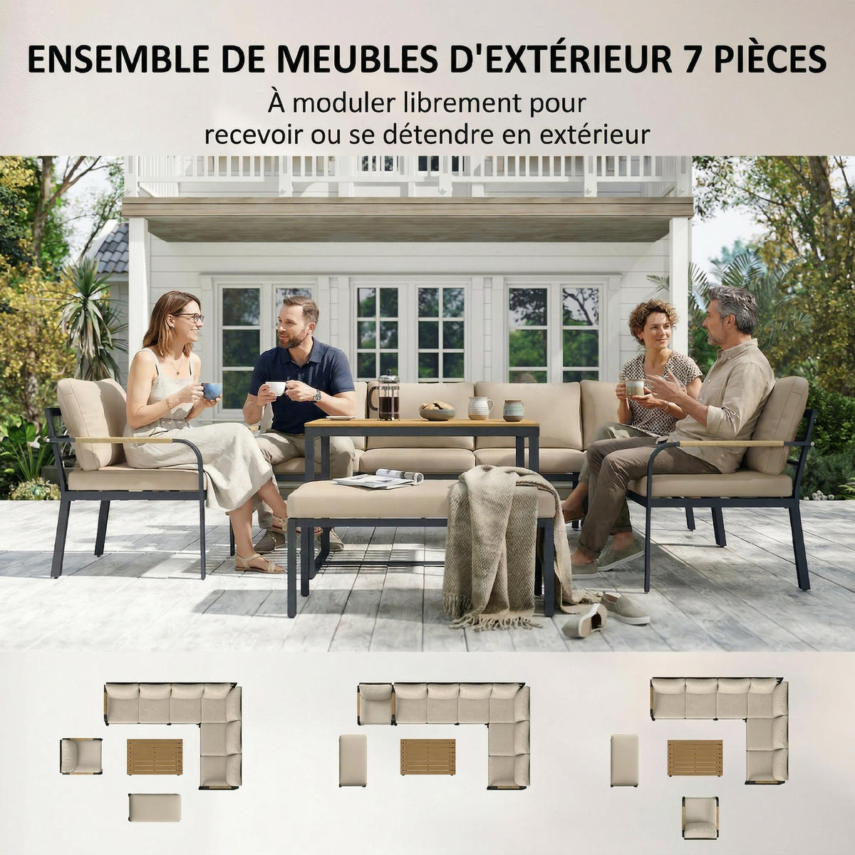 GARTENLOUNGE-SET 7tlg DE-13711 modular mit WPC-Tisch Beige & Grau - Mokka, Metall - ComfortXL