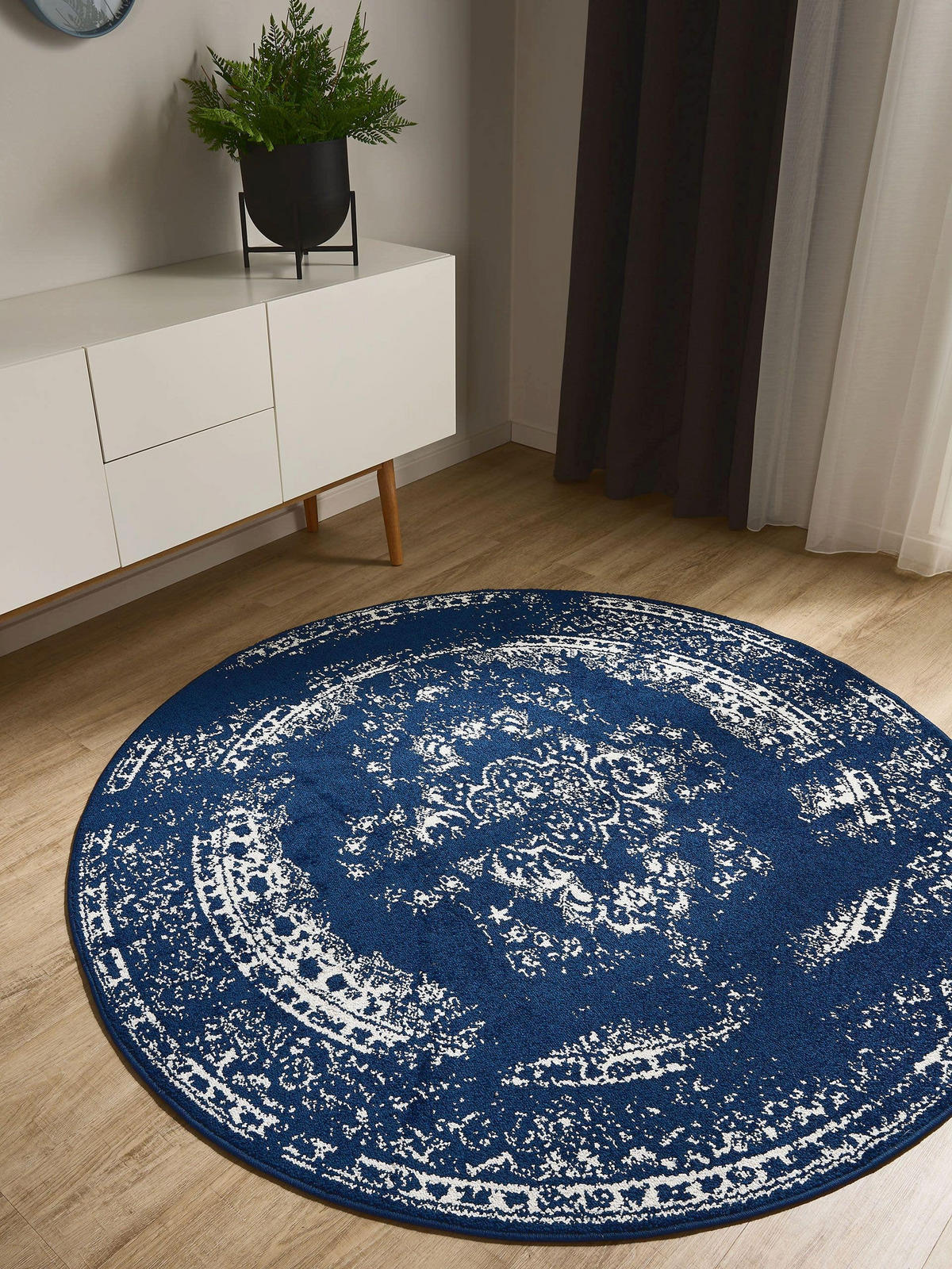 VINTAGE-TEPPICH Sia ø 120 cm rund - Blau, Kunststoff (120/120cm) - benuta