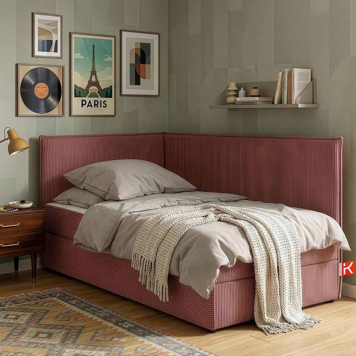 JUGENDBETT ROTI Einzelbett mit Bettkasten, 90x200cm, Bett mit Bonellmatratze, mit Rückenlehne - Pink/Schwarz, Holz/Holzwerkstoff (92/200cm) - KONSIMO®