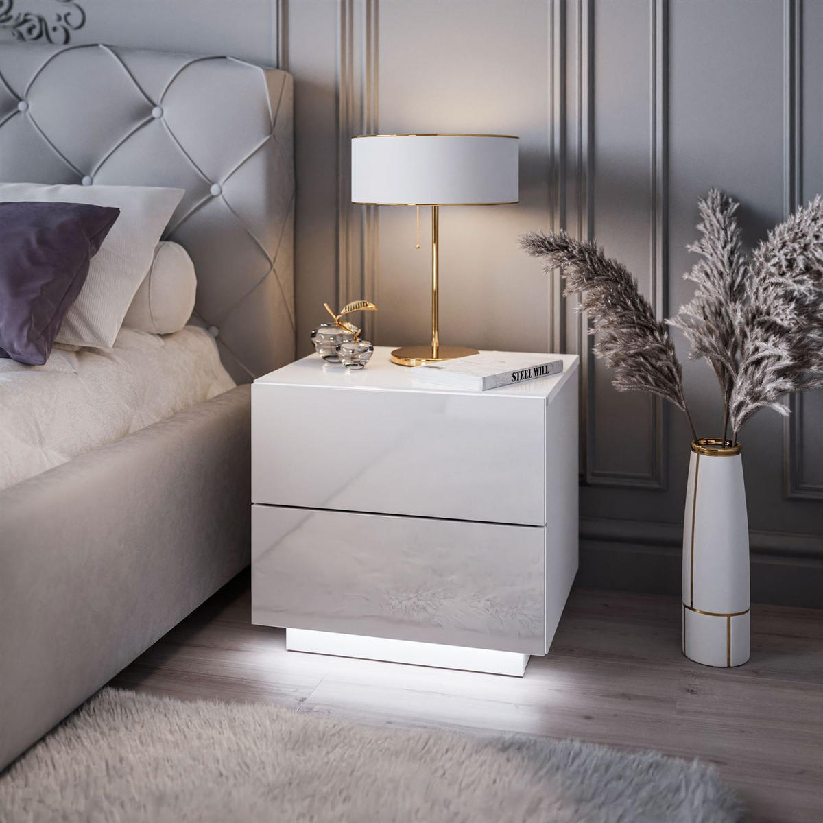 NACHTTISCH LINA LUX mit Hochglanzplatte, LED, Push Open - Weiß, Holzwerkstoff (45/48/39cm) - Lookway