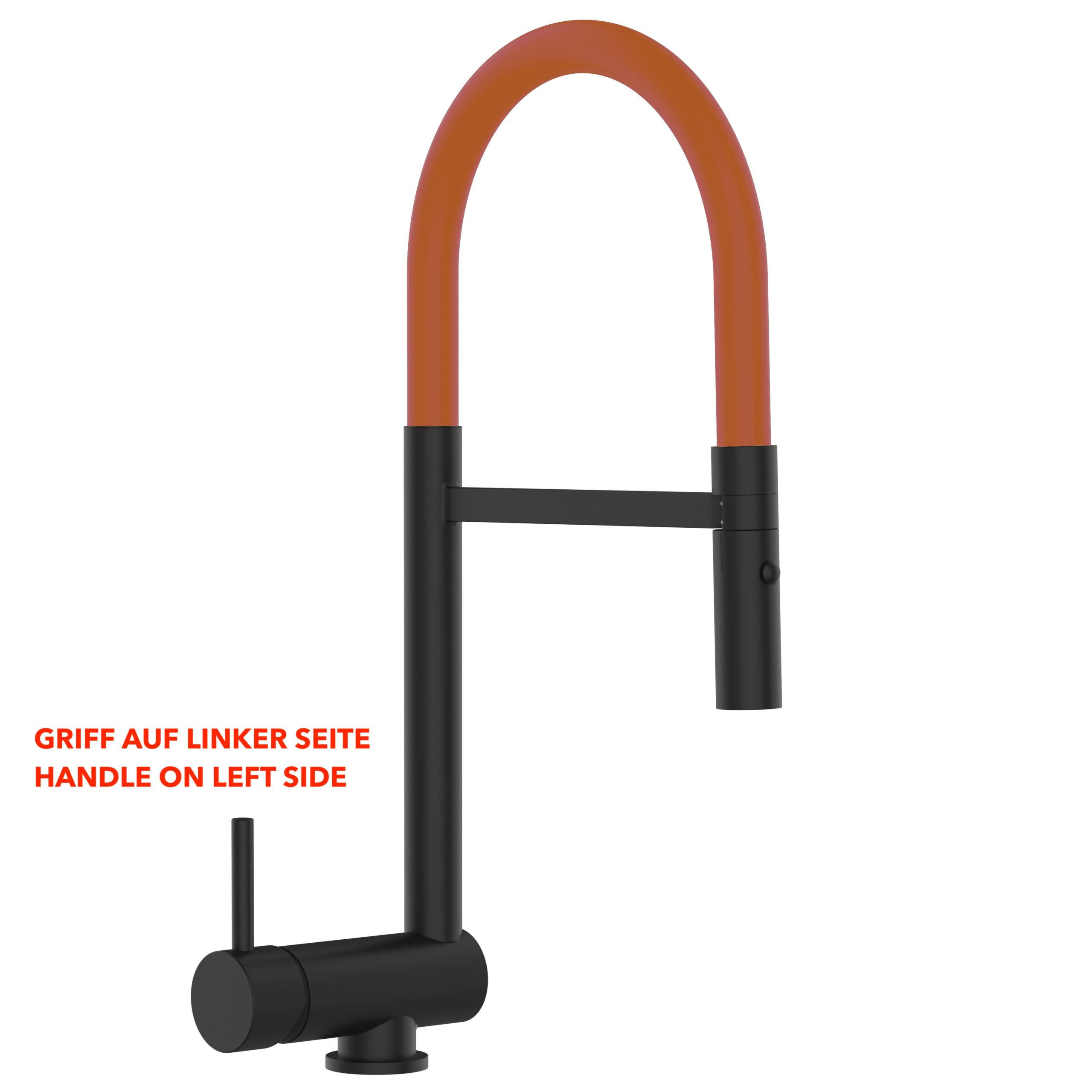 VORFENSTER-KÜCHENARMATUR, Umklappbar 6 CM, Schwarz Matt und Orange, 2-Strahl-Brause, LINKER HEBEL - Orange, Metall (21.3/48.2/21.3cm) - VIZIO