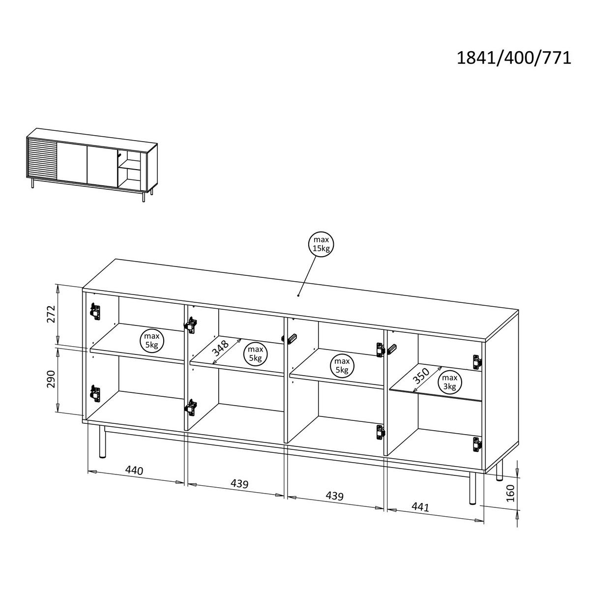 KOMMODE Terra mit 4 Türen und LED-Beleuchtung, Kaschmir/geölte Eiche - Kaschmir, Holzwerkstoff/Metall (184/77/40cm) - Beautysofa
