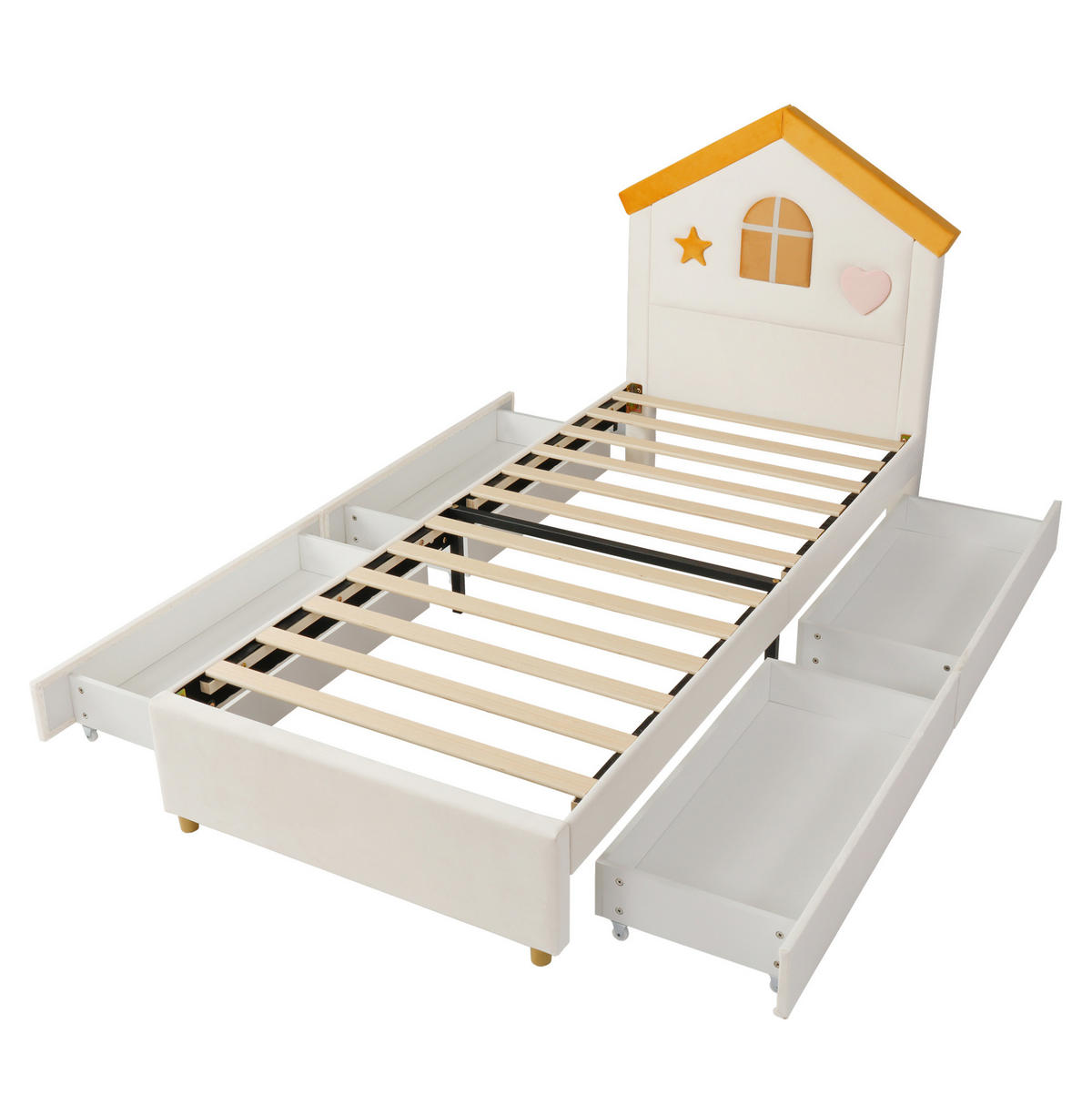 KINDER-POLSTERBETT 90x200 cm in Beige mit Hauskopfteil und 4 Schubladen - Beige, Textil (90/200cm) - IVMEU