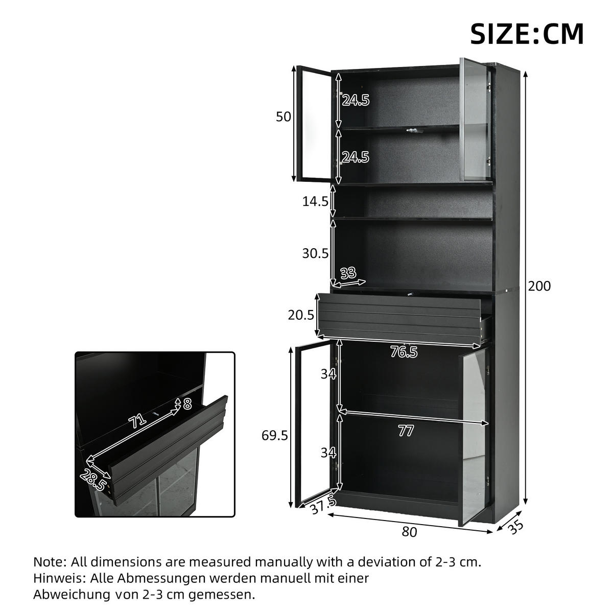 VITRINE 80x35x200 cm Schwarz mit RGB LED und 4 Glastüren - Schwarz, Holzwerkstoff (80/200/35cm) - FLIEKS
