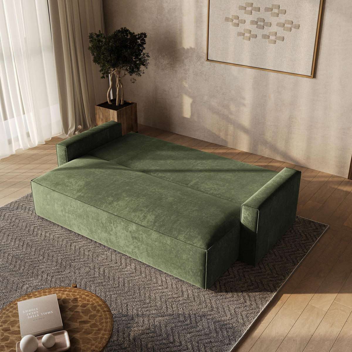 BETTSOFA MENI LM Grün Chenille-Stoff mit Schlaffunktion - Grün, Textil (232/85/87cm) - MASSENO