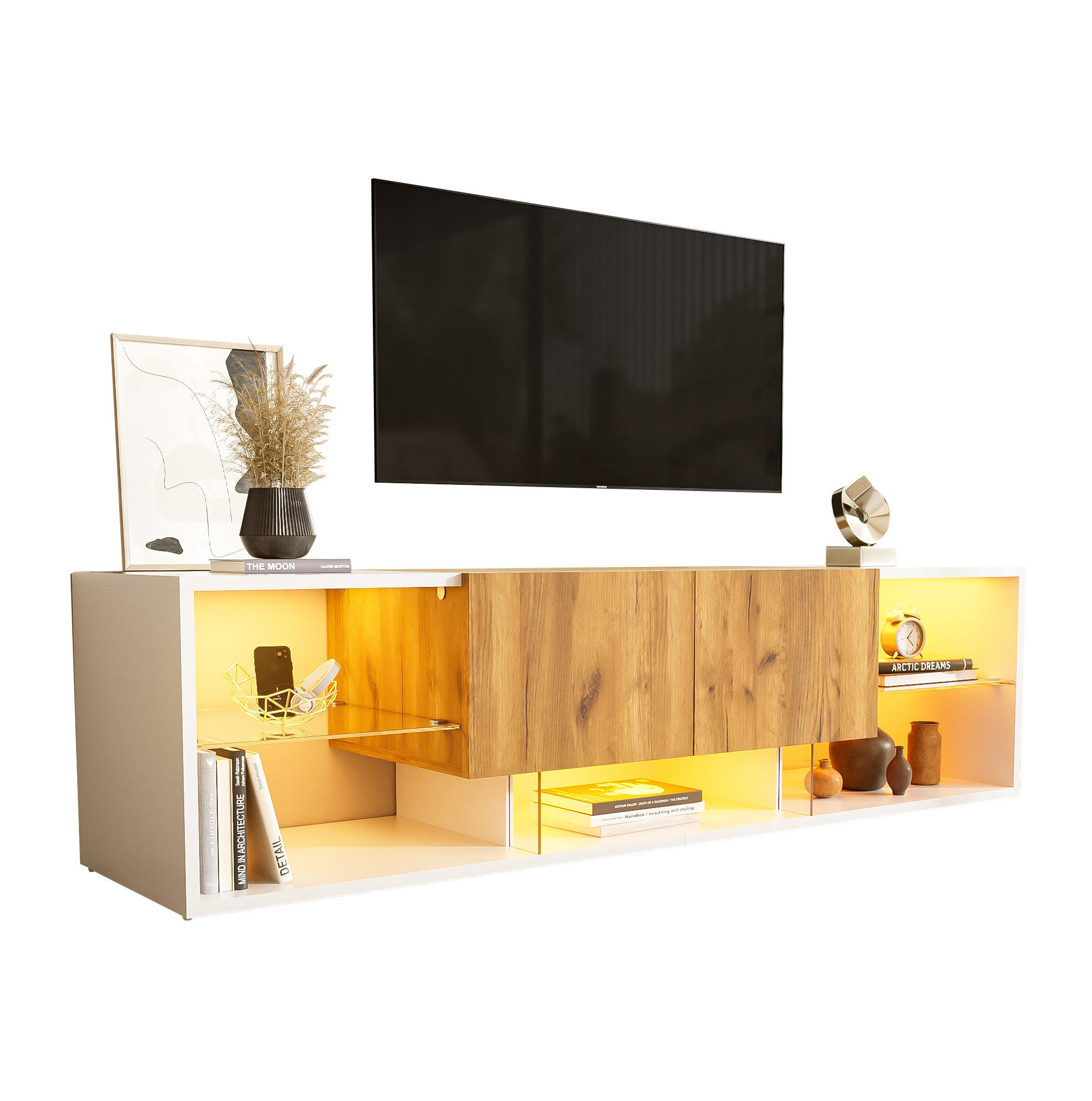 LOWBOARD 160/40/42 cm Weiß/Naturholzfarben aus Spanplatte mit LED-Beleuchtung und 2 Schubladen - Hellbraun, Holzwerkstoff (40/42/160cm) - OKMYHOME
