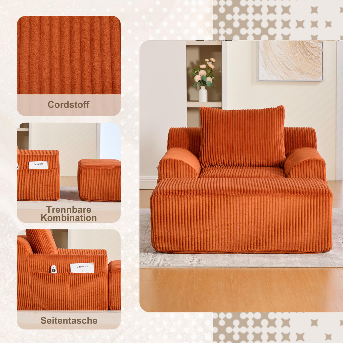 SESSEL mit Hocker in Cord Übergroßer Relaxsessel - Orange, Textil (147/67/110cm) - Urban Meuble