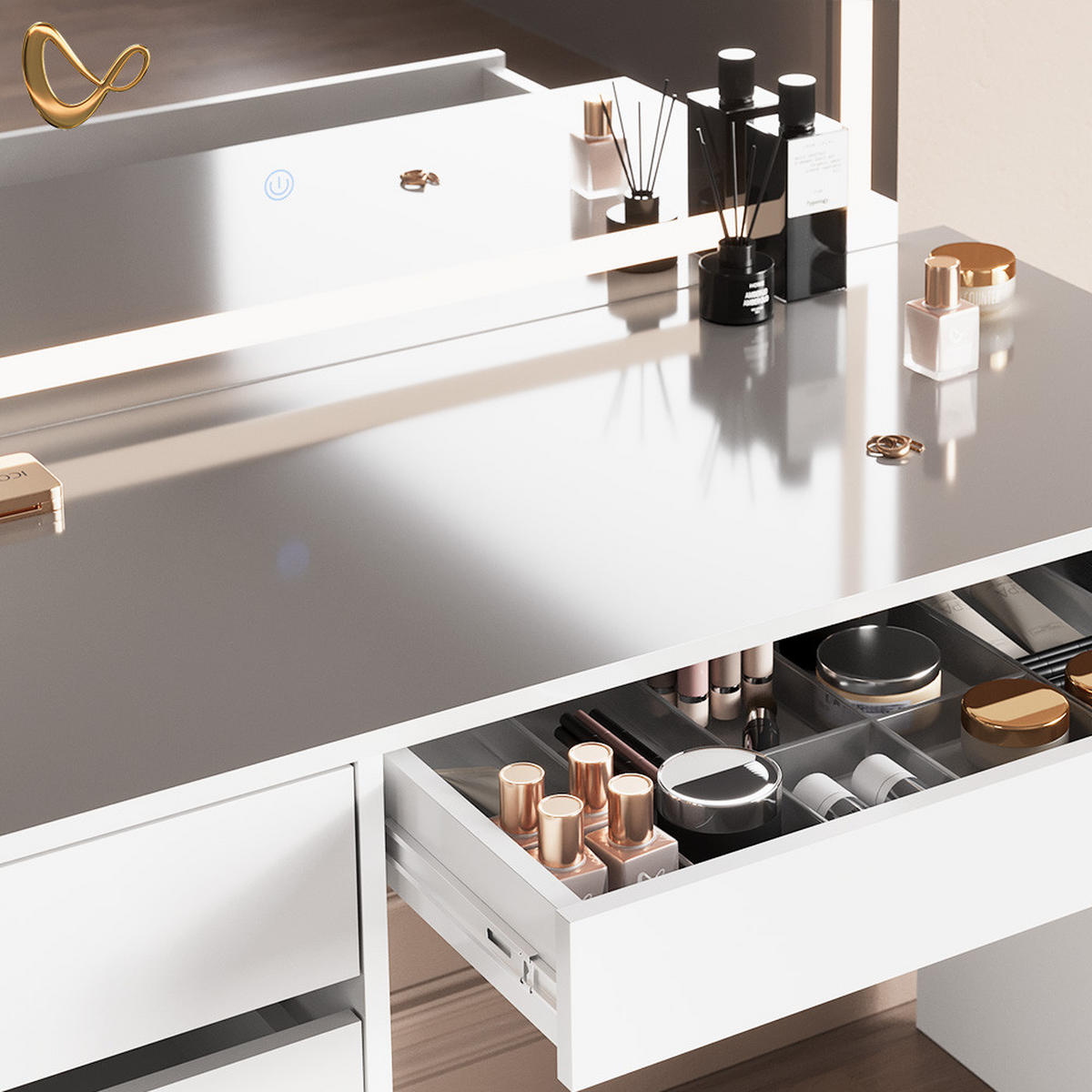 SCHMINKTISCH Imola Weiß mit LED-Spiegel und Bank - Weiß, Holzwerkstoff (120/75/55cm) - Livinity®