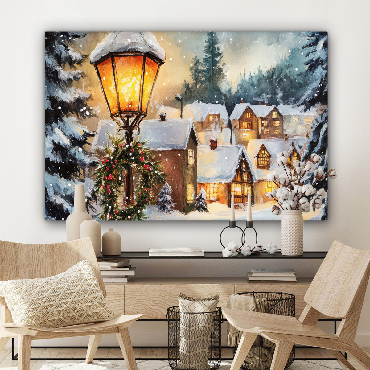 LEINWANDBILD Weihnachtsdorf - Häuser - Schnee - Weihnachten Wohnzimmer 120x80 cm - Sandfarben, Textil (120/80cm) - MuchoWow