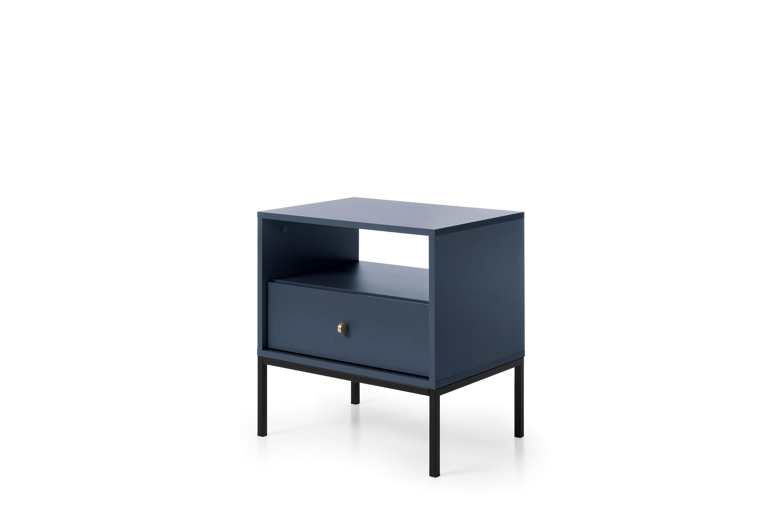 NACHTTISCH Molly Dunkelblau, Schwarze Beine, Nachtkommode mit Schublade - Schwarz/Dunkelblau, Holzwerkstoff/Metall (54/56/39cm) - Bettso