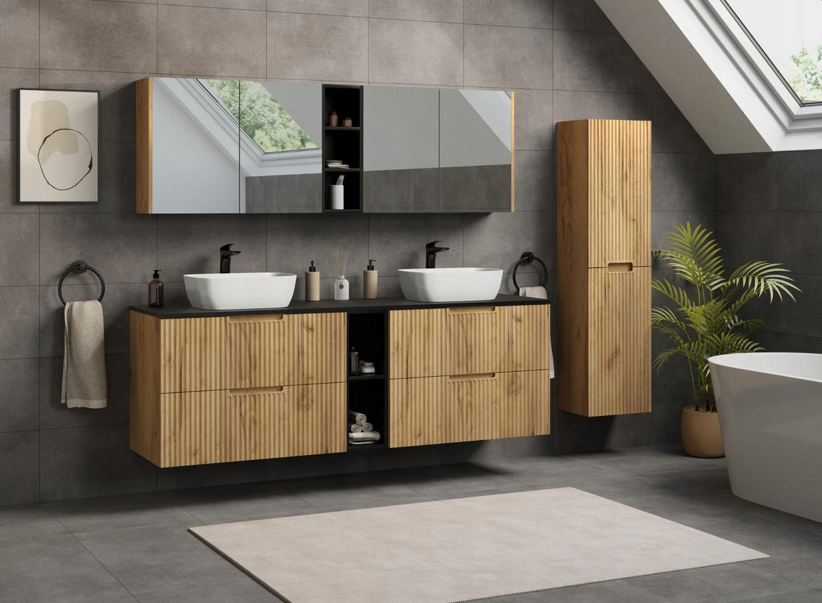 WASCHBECKUNTERSCHRANK VENA 160cm mit Arbeitsplatte Farbe: Eichen Craft Gerillte Vorderseite Eichen Craft - Eichefarben, Holzwerkstoff (160/58/46cm) - Rodan