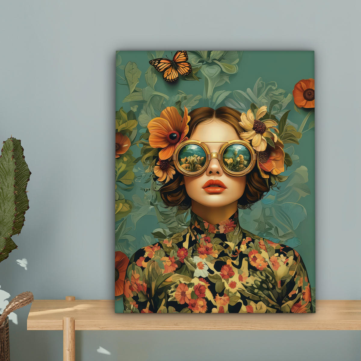 LEINWANDBILD Frau - Blumen - Schmetterlinge - Natur - Vintage Room Decor 30x40 cm - Salbeigrün, Textil (30/40cm) - MuchoWow