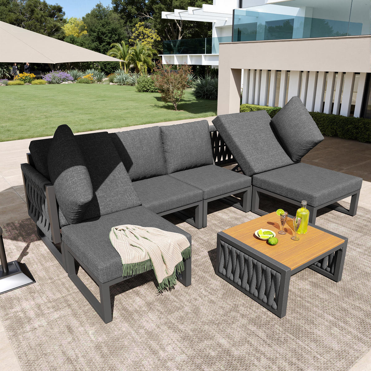 GARTENLOUNGE-SET mit verstellbaren Rückenlehnen & Tisch, 7-teilig, 54/49/83 cm, Grau - Grau, Metall - Redom