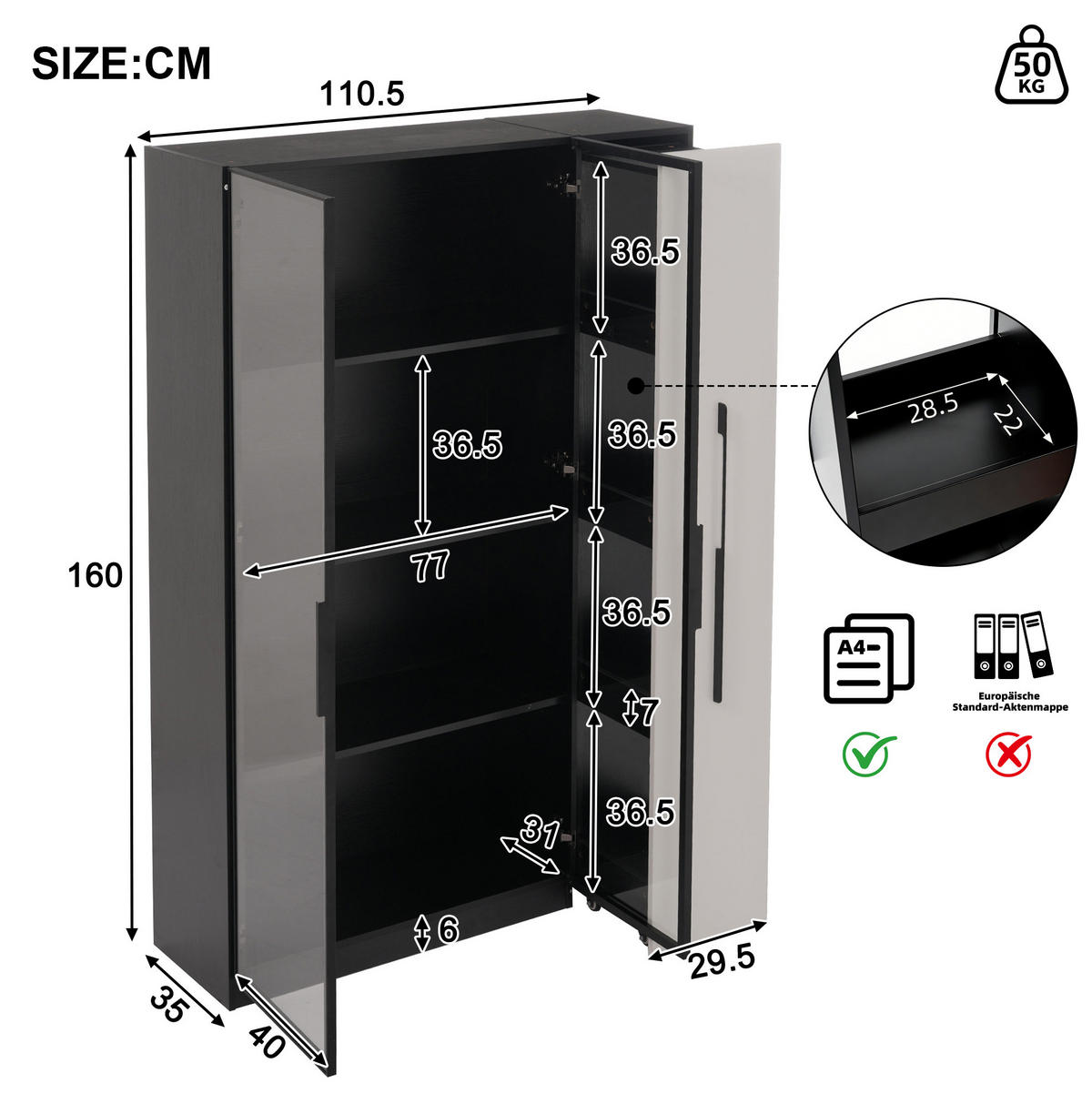 VITRINE 110.5/35/160 cm schwarz/weiß aus MDF mit LED-Beleuchtung - Schwarz, Holzwerkstoff (35/160/110.5cm) - OKMYHOME