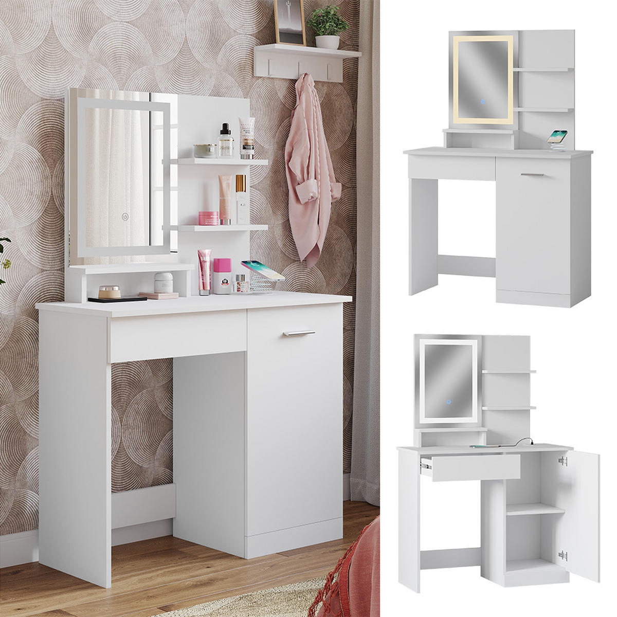 SCHMINKTISCH Julia Weiß 90 cm mit LED-Spiegel und QI-Ladestation - Weiß, Holzwerkstoff (90/137.5/38cm) - Vicco