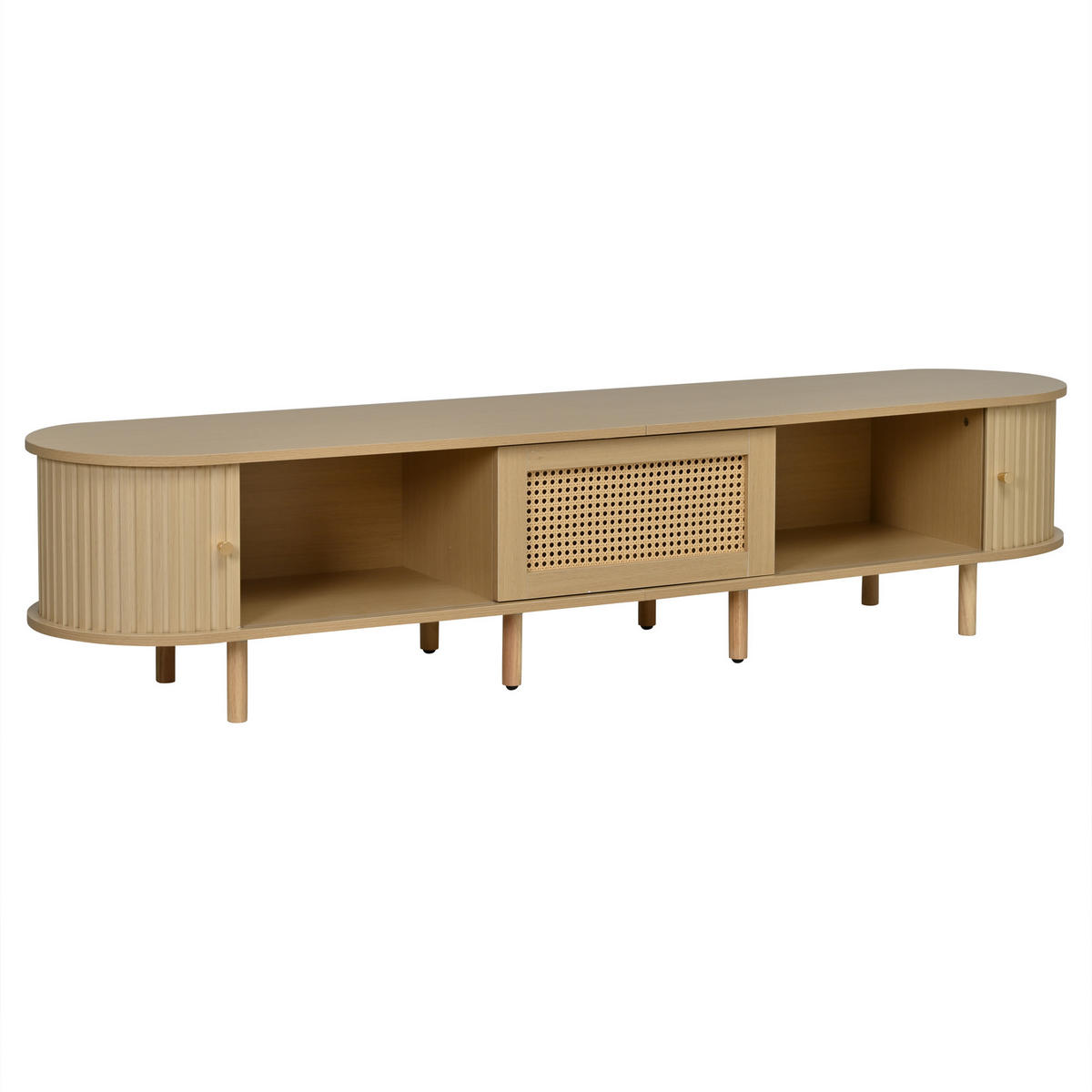LOWBOARD Holzoptik Rattan Oval mit Schiebetür & Schublade für 75 Zoll TV - Naturfarben, Holzwerkstoff (180/40/40cm) - Urban Meuble