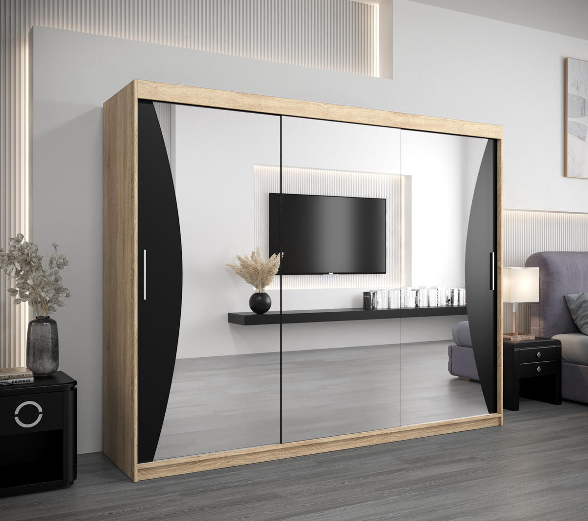 SCHWEBETÜRENSCHRANK 200/250/62 3-türig - Silberfarben/Schwarz, Holz/Kunststoff (250/200/62cm) - Abiks Möbel