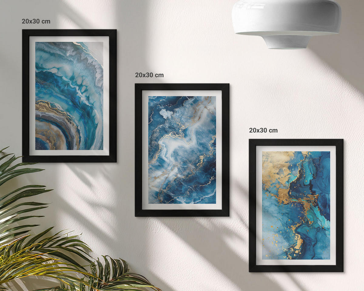 WANDBILDER 3er-Set - 20x30 cm Schwarzer Rahmen - Blaue abstrakte Muster - Schwarz, Kunststoff (20/30cm) - ArtPrintCave