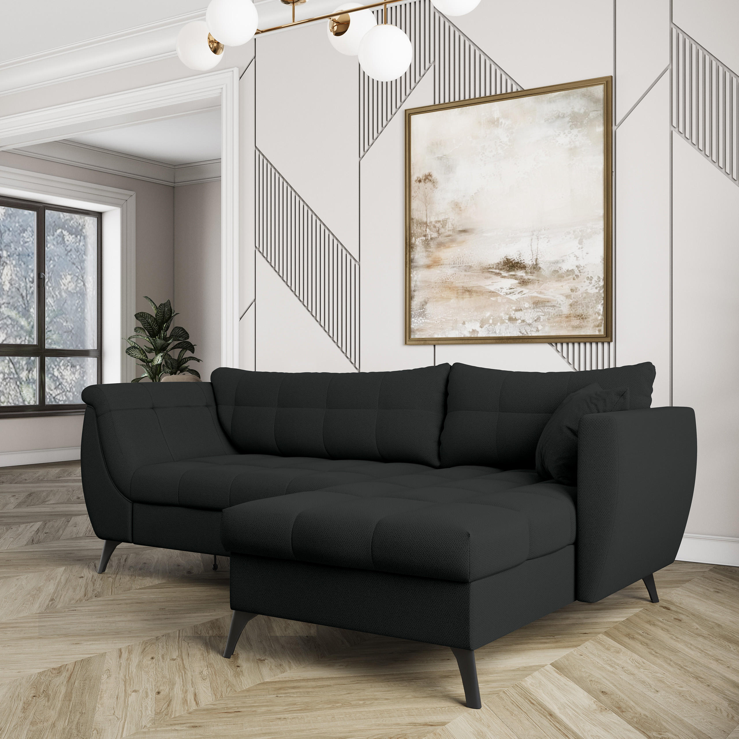 ECKSOFA MOLLIS Schwarz Geflochtener-Stoff mit Schlaffunktion - Schwarz, Holz (241/154cm) - MASSENO