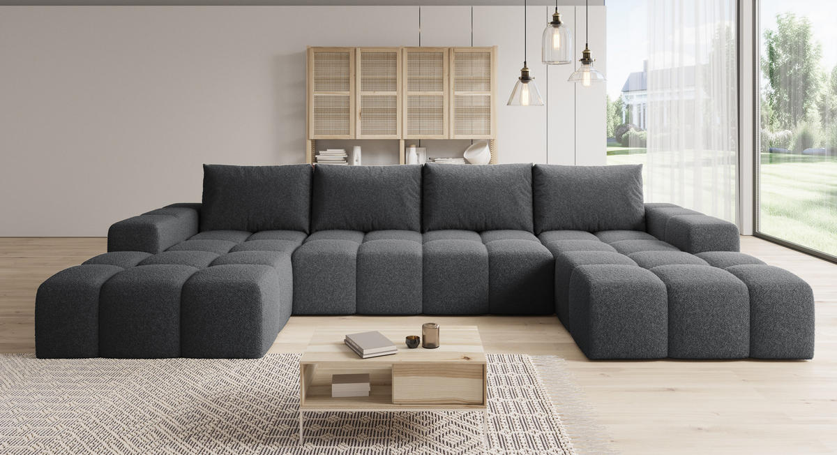 WOHNLANDSCHAFT Cento, Couch U-Form, Teddy-Bouclé, 360x57x180 cm, Schwarz - Schwarz, Holz (360/56/180cm) - PROMETO Möbel