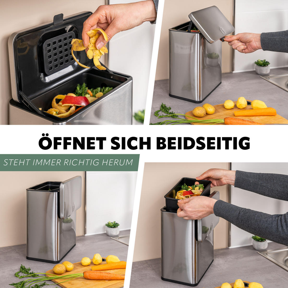 BIOMÜLLEIMER 6L, silber - Edelstahlfarben, Metall (26/14/20.5cm) - eluno