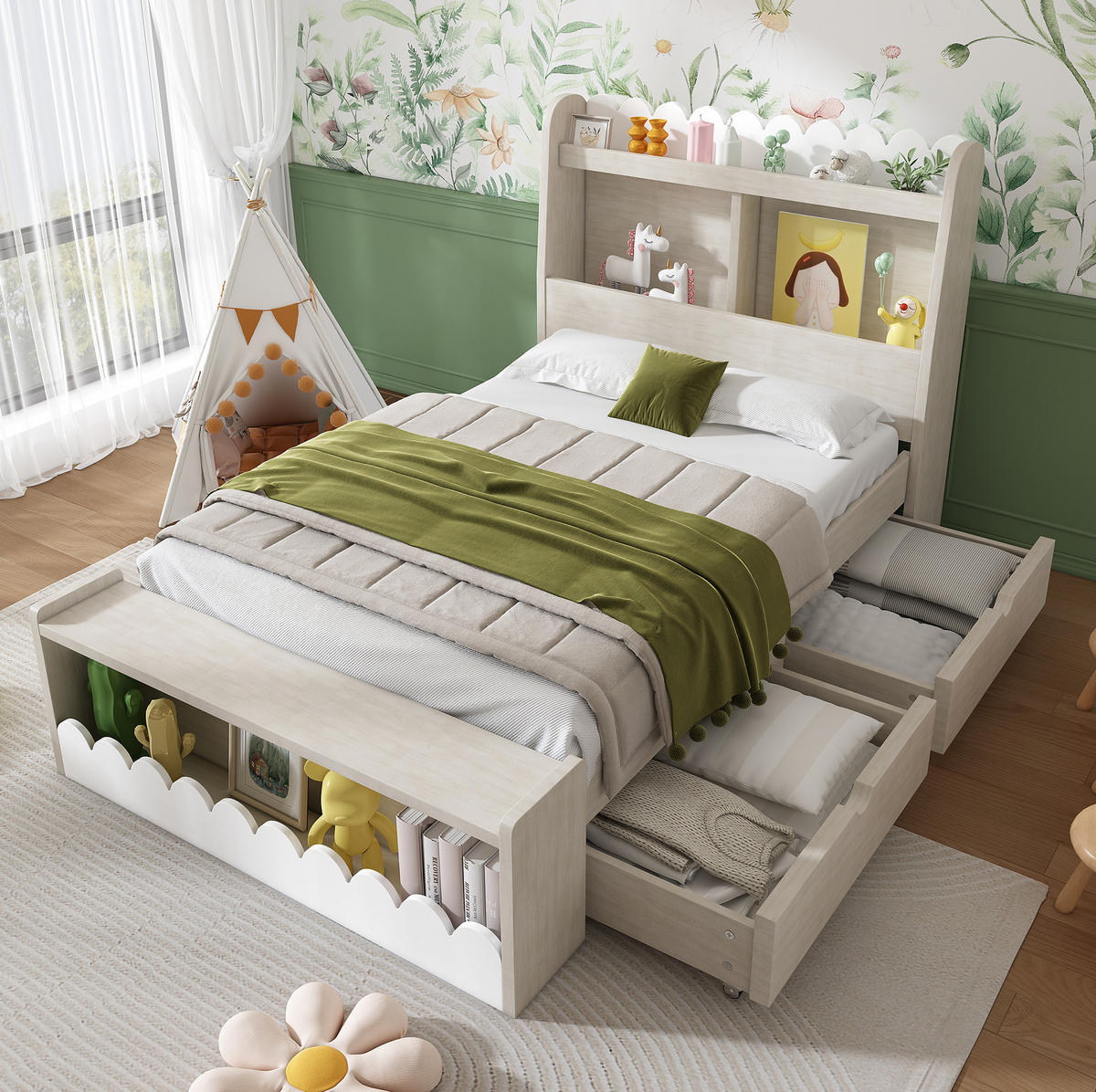 POLSTERBETT 90/200 cm Weiß und Eichefarben aus Massivholz und MDF mit Stauraum - Weiß, Holzwerkstoff (90/200cm) - OKMYHOME