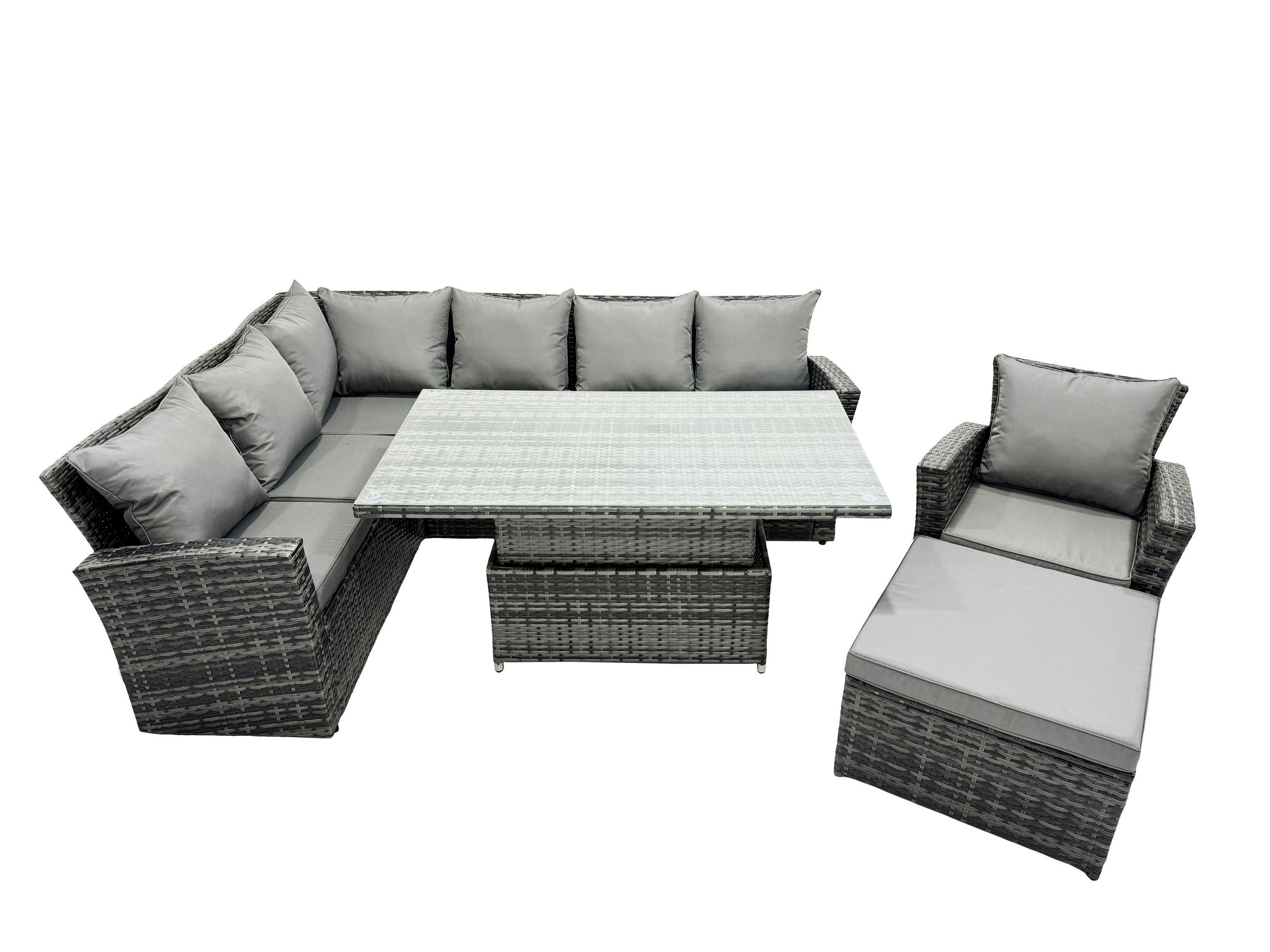 GARTEN-ECKSOFAGARNITUR mit höhenverstellbarer Tisch Polyrattan 8-Sitzer - Dunkelgrau/Grau, Glas/Kunststoff - Fimous