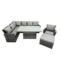 GARTEN-ECKSOFAGARNITUR mit höhenverstellbarer Tisch Polyrattan 8-Sitzer - Dunkelgrau/Grau, Glas/Kunststoff - Fimous