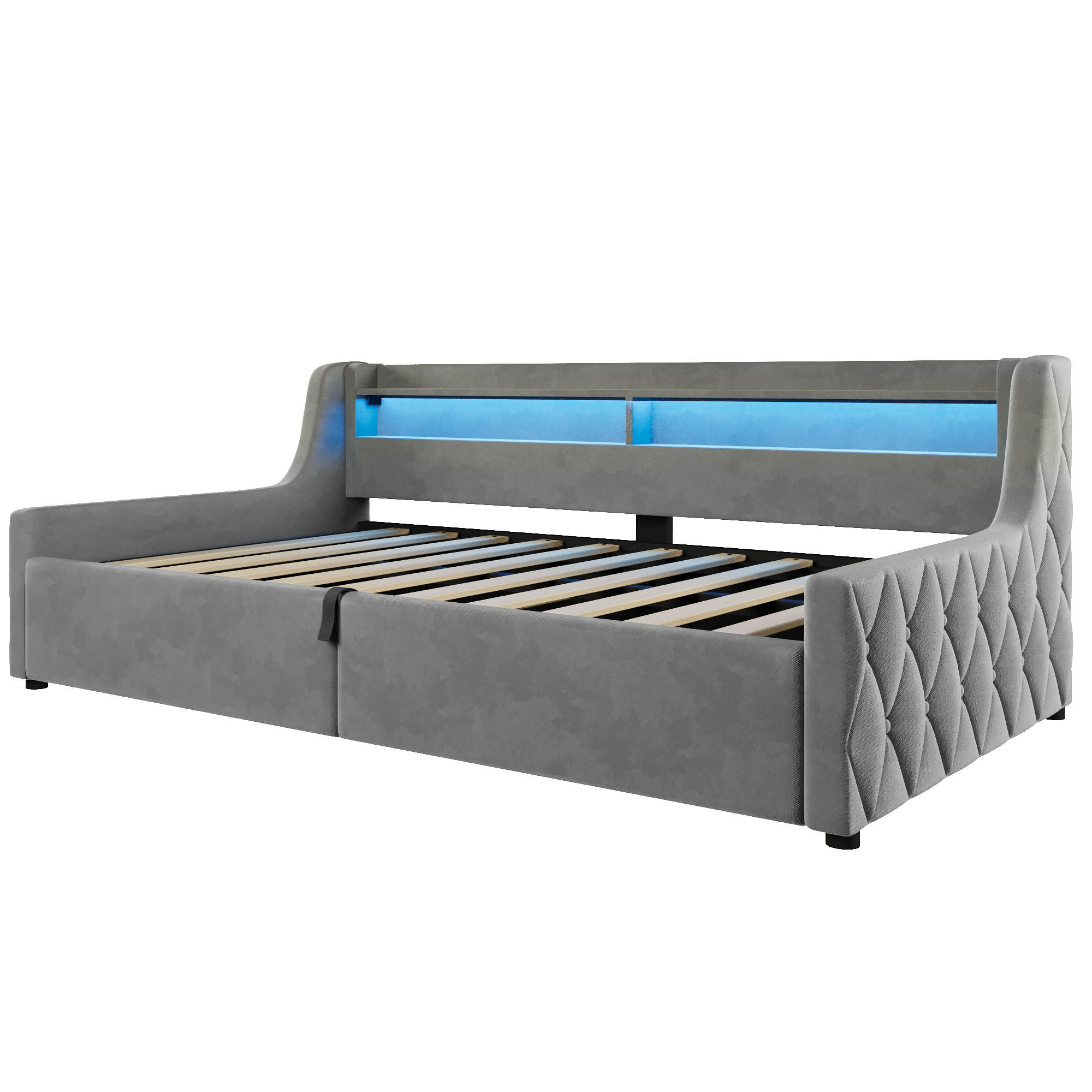 ČALOUNĚNÁ POSTEL 90/200 cm v šedé barvě s úložným prostorem a LED osvětlením ze sametu - šedá, kompozitní dřevo/textil (90/200cm) - CHICFURN