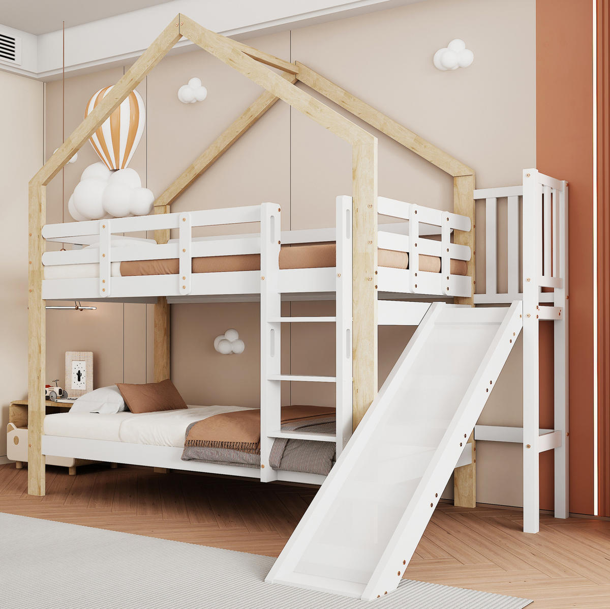 ETAGENBETT aus Kiefer und MDF 90x200 cm Weiß/Natur mit Rutsche, Hausdach und Absturzsicherung - Weiß, Holzwerkstoff (90/200cm) - Modfu