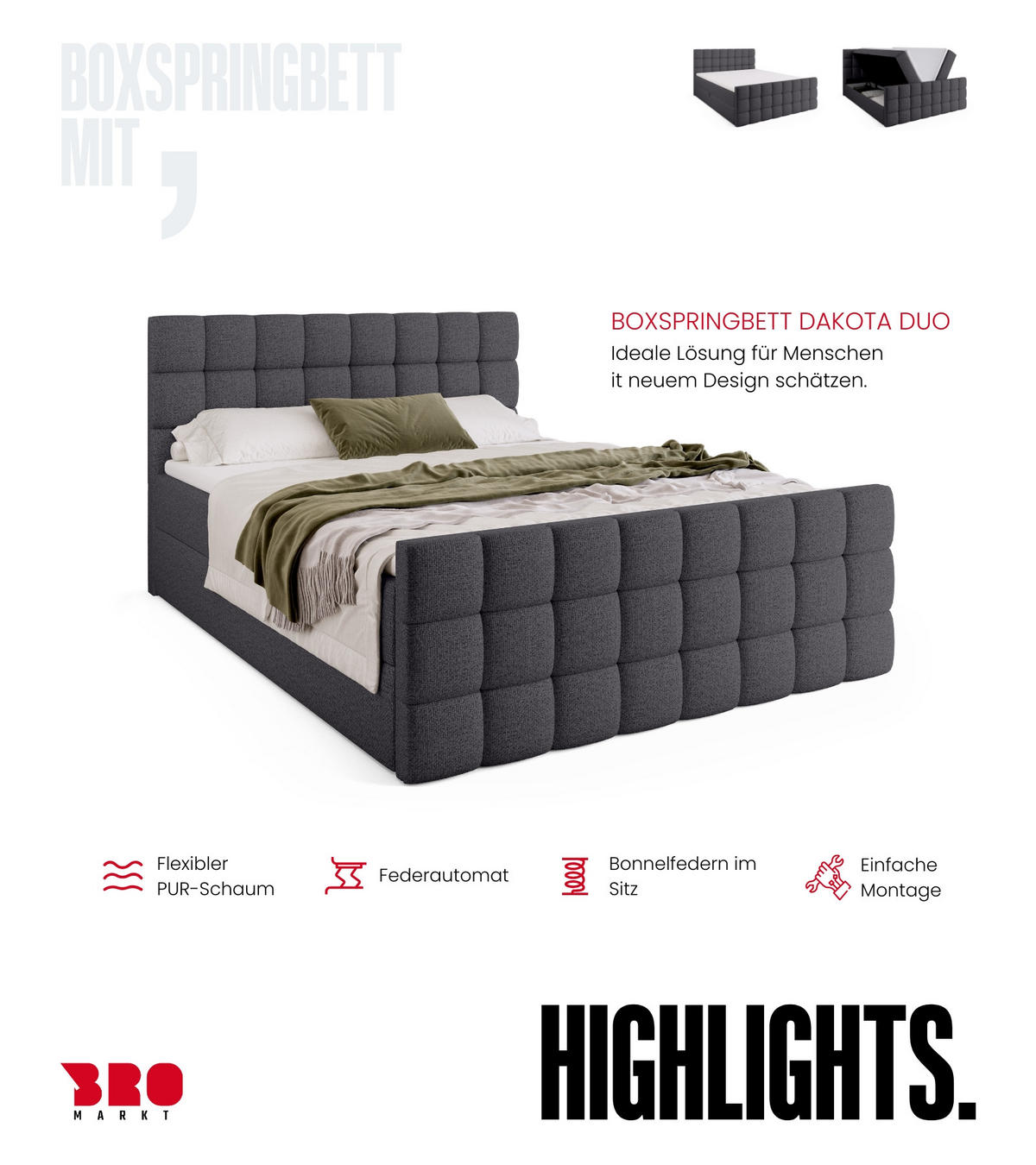 BOXBETT Dakota Duo mit Topper 140/200 Dunkelgrau - Dunkelgrau, Holz/Textil (140/200cm) - Bromarkt