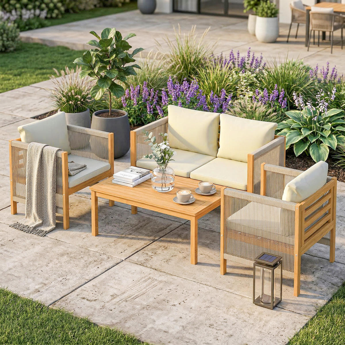 GARTENSET 4-teilig Beige 120.0/60.0/64.0 cm - Beige, Holz