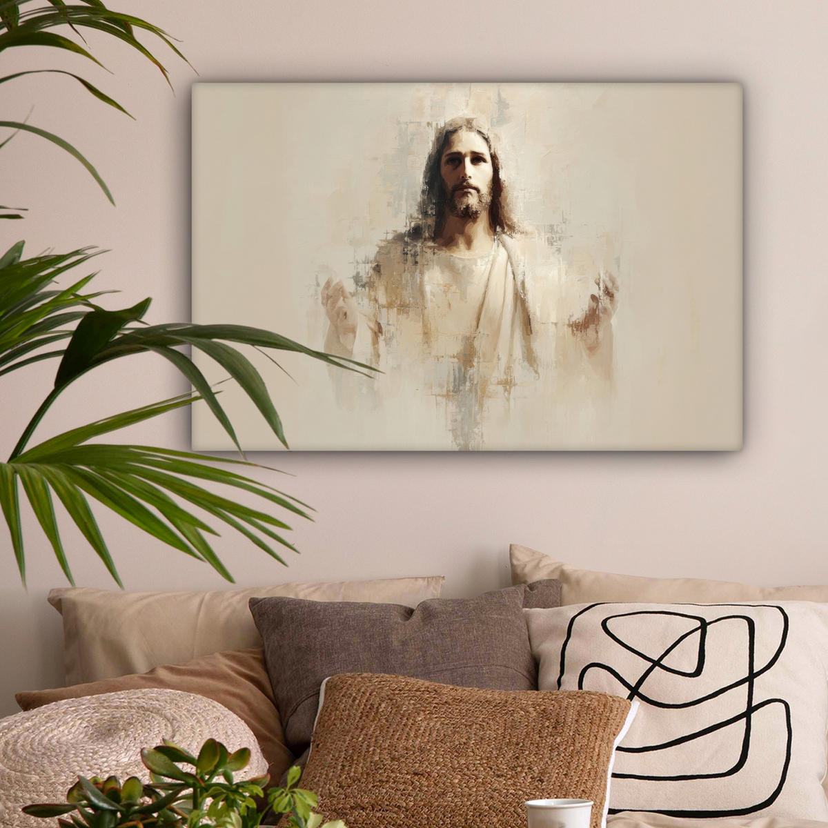 LEINWANDBILD Porträt - Abstrakt - Jesus - Beige Gemälde 60x40 cm - Beige, Textil (60/40cm) - MuchoWow