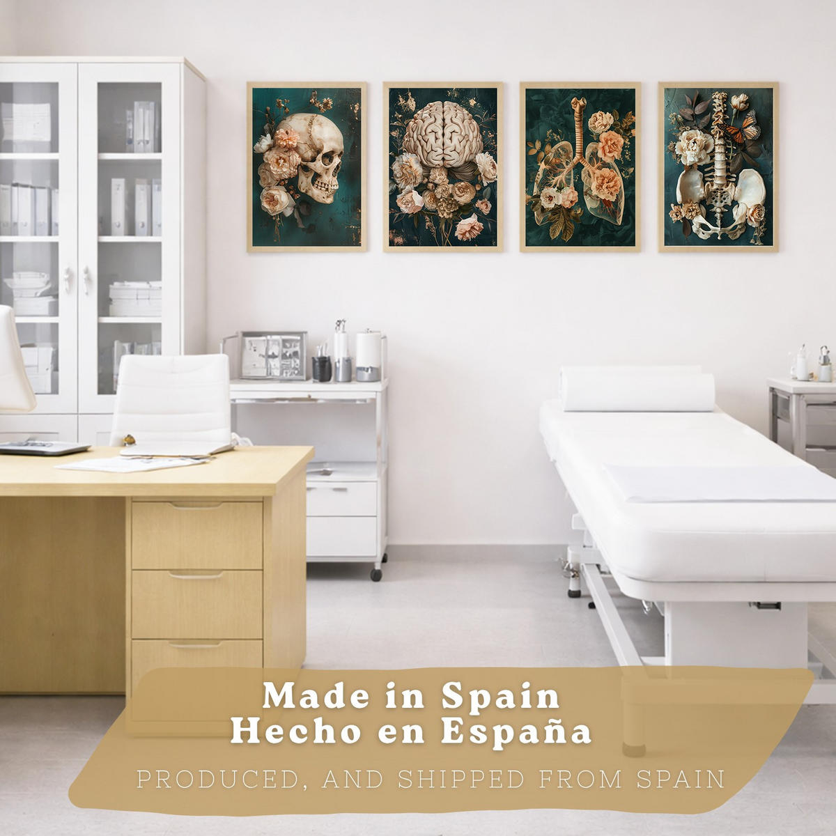 POSTER Set aus 4 Anatomie Mensch Drucke und mit Schädel Gehirn Lungen Luftröhre Bronchien Becken Wirbelsäule Florales Größe Leichter Holzrahmen A3 - Beige, Papier (29.7/42/3cm) - Nacnic