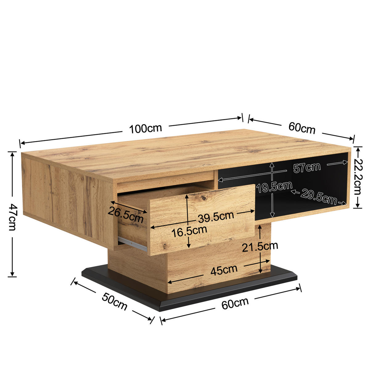 COUCHTISCH aus Spanplatte 100x47x60 cm in Natur mit doppelseitigem Stauraum - Naturfarben, Holzwerkstoff (100/47/60cm) - Modfu