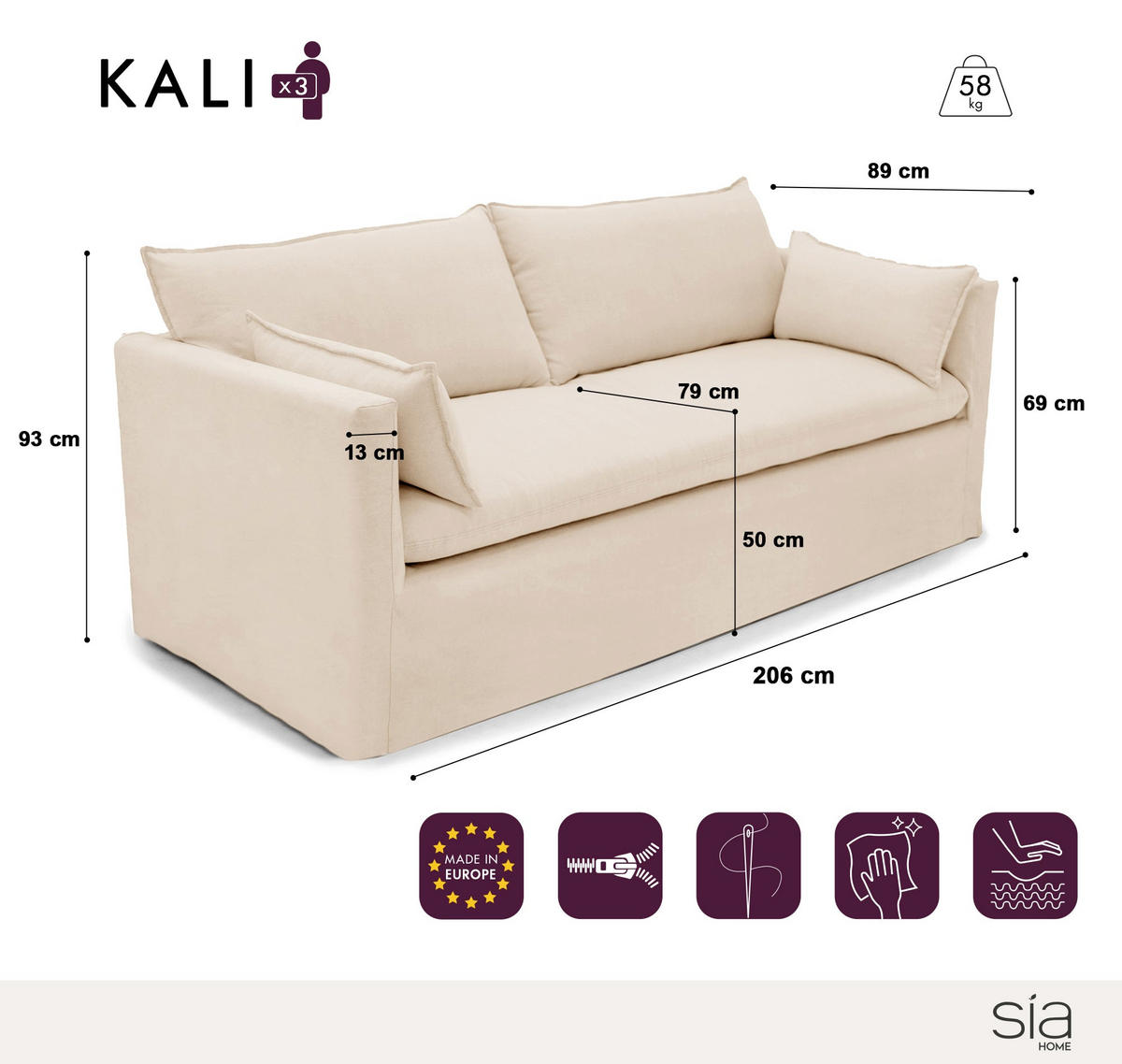 SCHLAFSOFA GERADE Leinen und Baumwolle Anthrazit 206cm - Dunkelgrau/Anthrazit, Textil (206/93/89cm) - Sia Home
