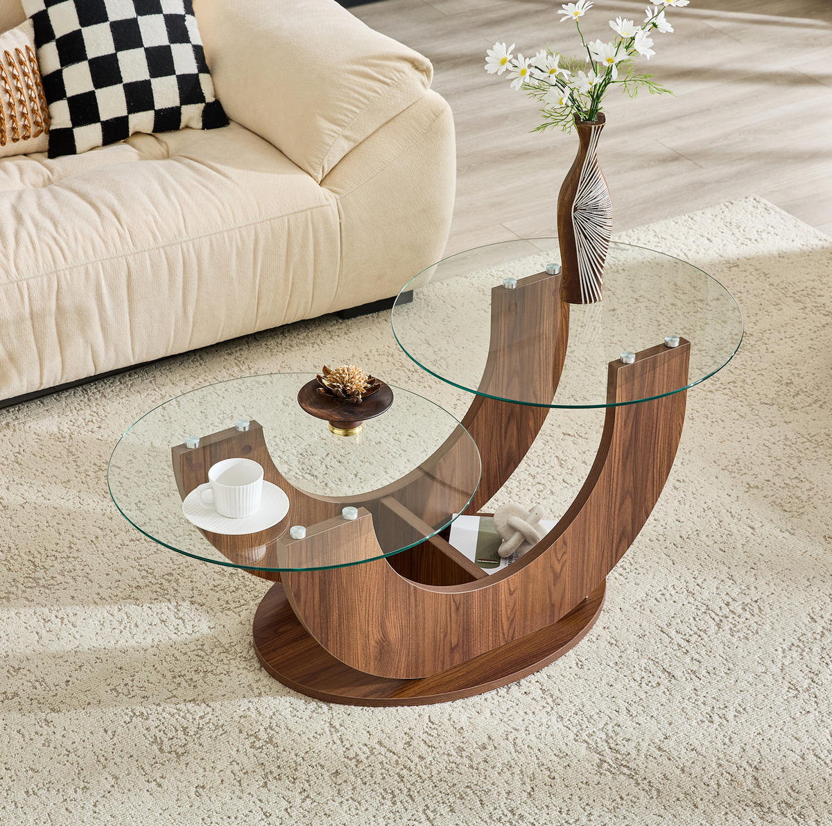 RUNDER Couchtisch 80,8/66,8/49,8 cm mit 2 Glasplatten und offenem Stauraum, Transparent/Walnuss - Transparent, Holzwerkstoff (80.8/66.8/49.8cm) - Redom