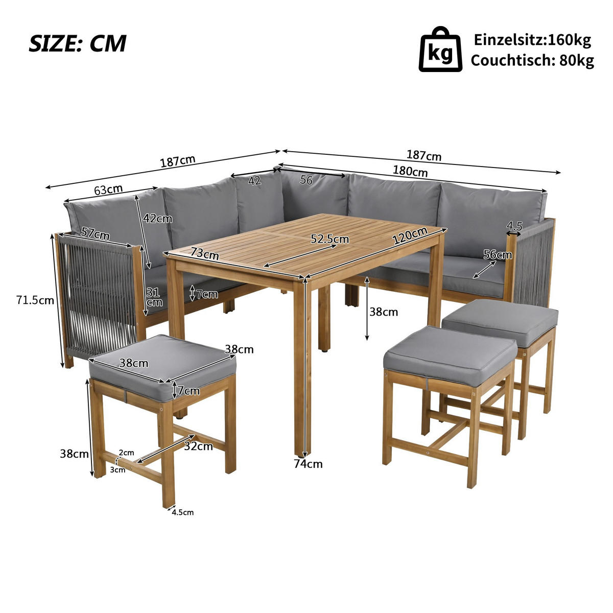 LOUNGESET 7-8 Personen Grau+Natur Mit Sofa Hocker Tisch - Naturfarben, Textil - FLIEKS