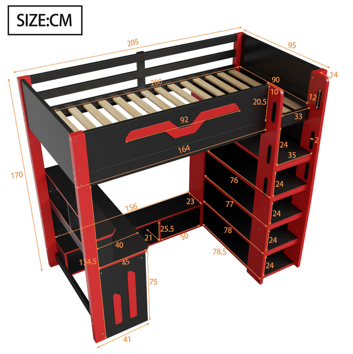 HOCHBETT 90/200 cm mit Schreibtisch, LED-Beleuchtung und Stauraumtreppe, MDF/Sperrholz, Schwarz/Rot - Schwarz, Holzwerkstoff (90/200cm) - Redom