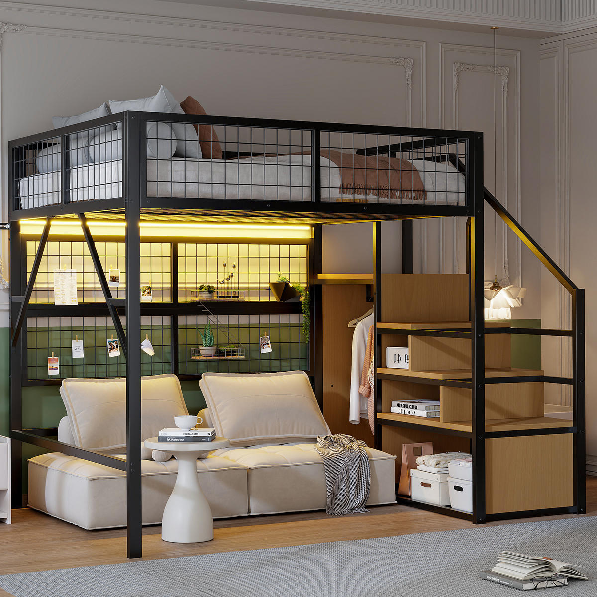 HOCHBETT 140/200 cm aus Metall mit Treppe, Stauraum und LED-Beleuchtung Schwarz - Schwarz, Metall (140/200cm) - Modenvie