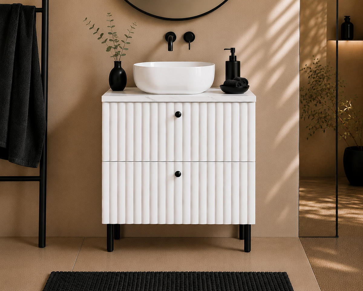BADEZIMMERSCHRANK: Weiß / Platte Marmor Bianco / Griffe Schwarz / Beine Schwarz, 60 x 44,4 x 73,6 cm - Schwarz/Weiß, Holzwerkstoff (60/73.6/44.4cm) - 3XE LIVING