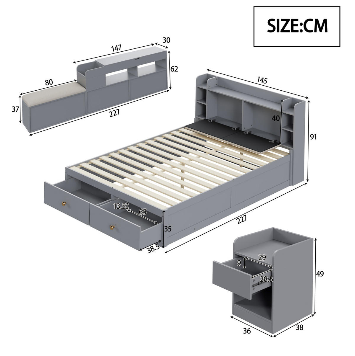 KOMBIBETT Massivholz 140/200 cm grau mit gepolstertem Kopfteil und Stauraum - Grau, Holz (140/200cm) - OKWISH