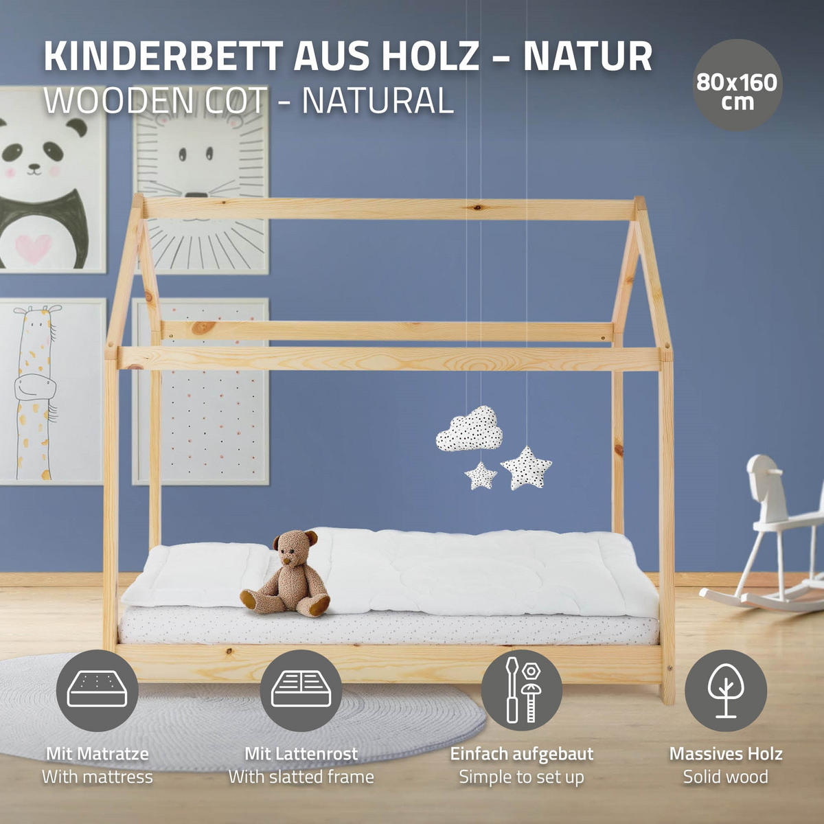 KINDERBETT mit Dach und Matratze 80x160 cm Natur - Naturfarben, Holz (80/160cm) - ML-DESIGN