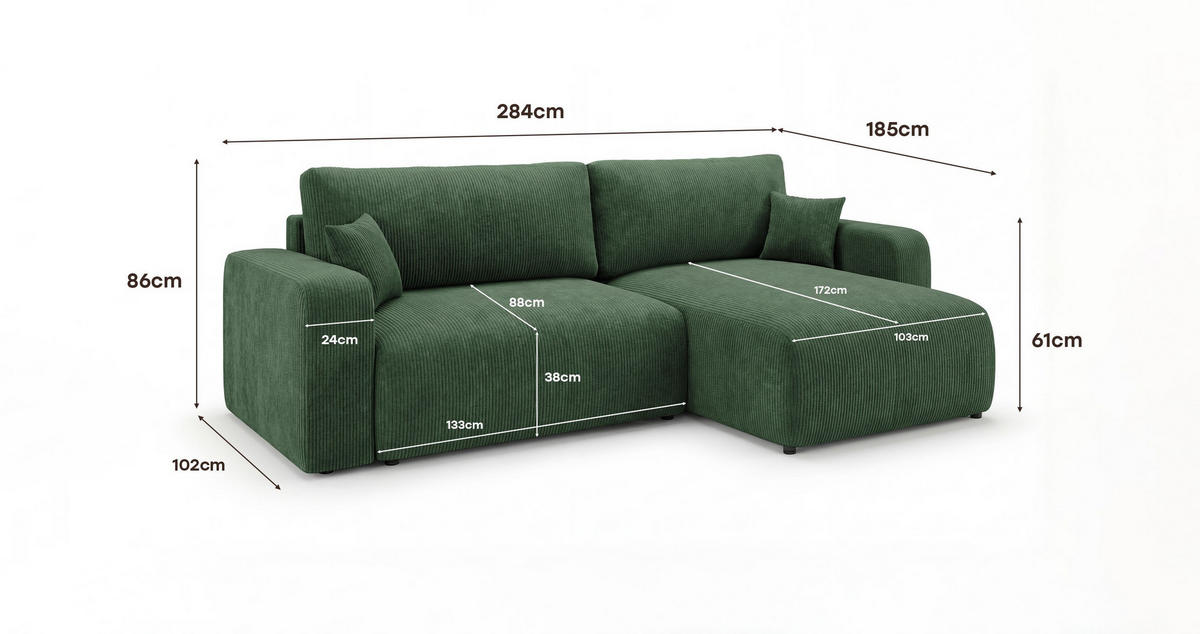 ROHOVÁ pohovka BERLIN levá zelená manšestr Poso 14 - funkce spaní, úložný prostor - zelená barva, textil (285/185cm) - Cornero