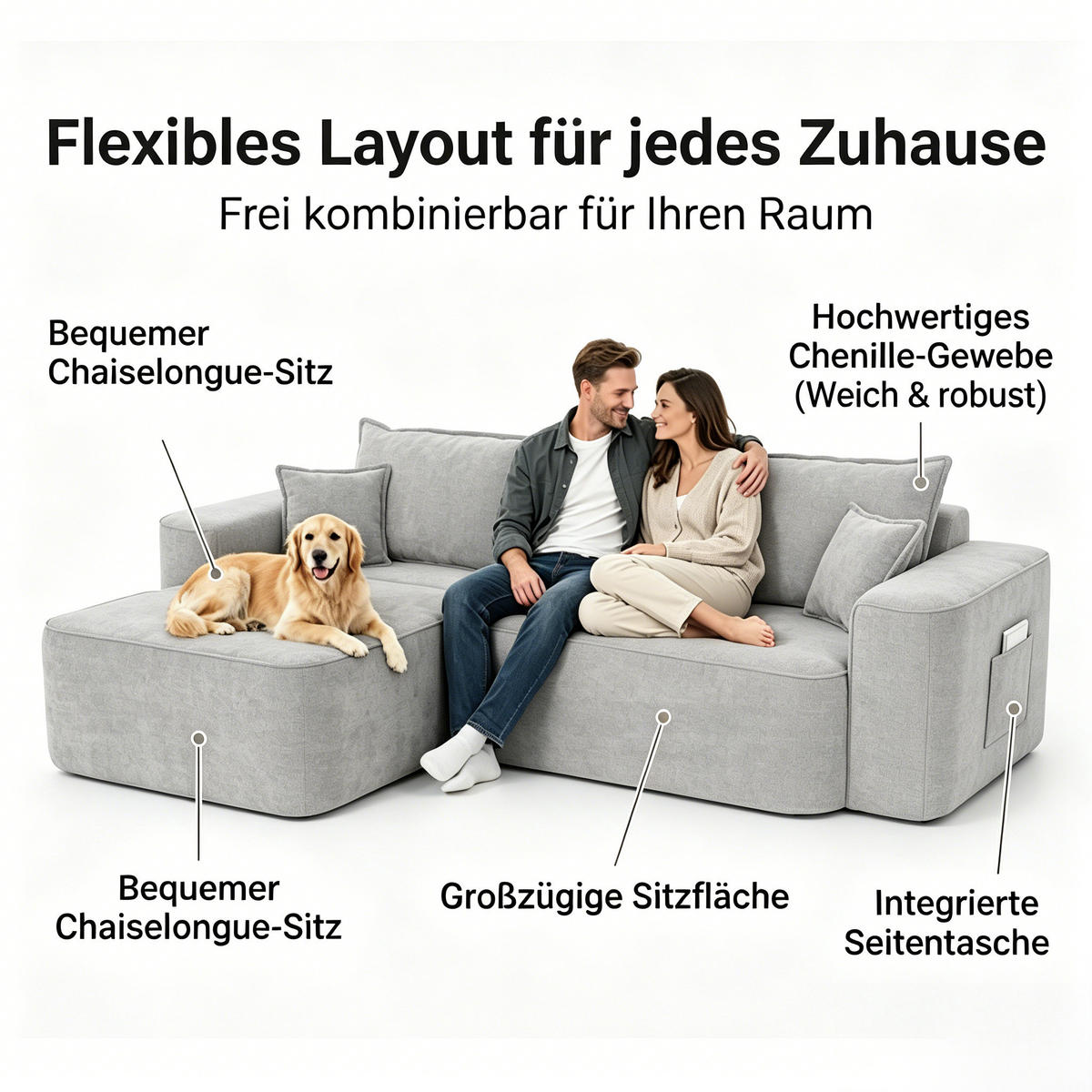 ECKSOFA 262/144/65 cm Grau mit Aufbewahrungsbeutel - Grau, Textil (262/144cm) - Oxeza