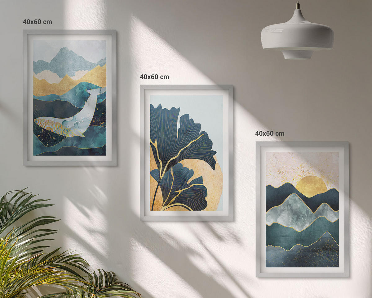 WANDBILDER 3er Set - 40x60 cm Silberner Rahmen - Abstrakte Bergansichten - Silberfarben, Kunststoff (40/60cm) - ArtPrintCave