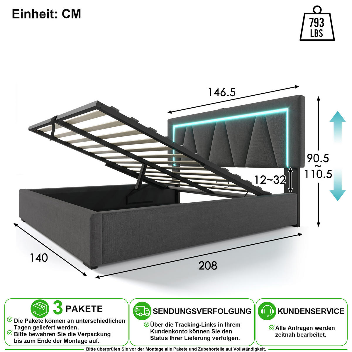 POLSTERBETT 140/200 cm in Grau Leinen mit Bettkasten, LED/USB und Matratze - Grau, Holzwerkstoff/Textil (140/200cm) - CHICFURN