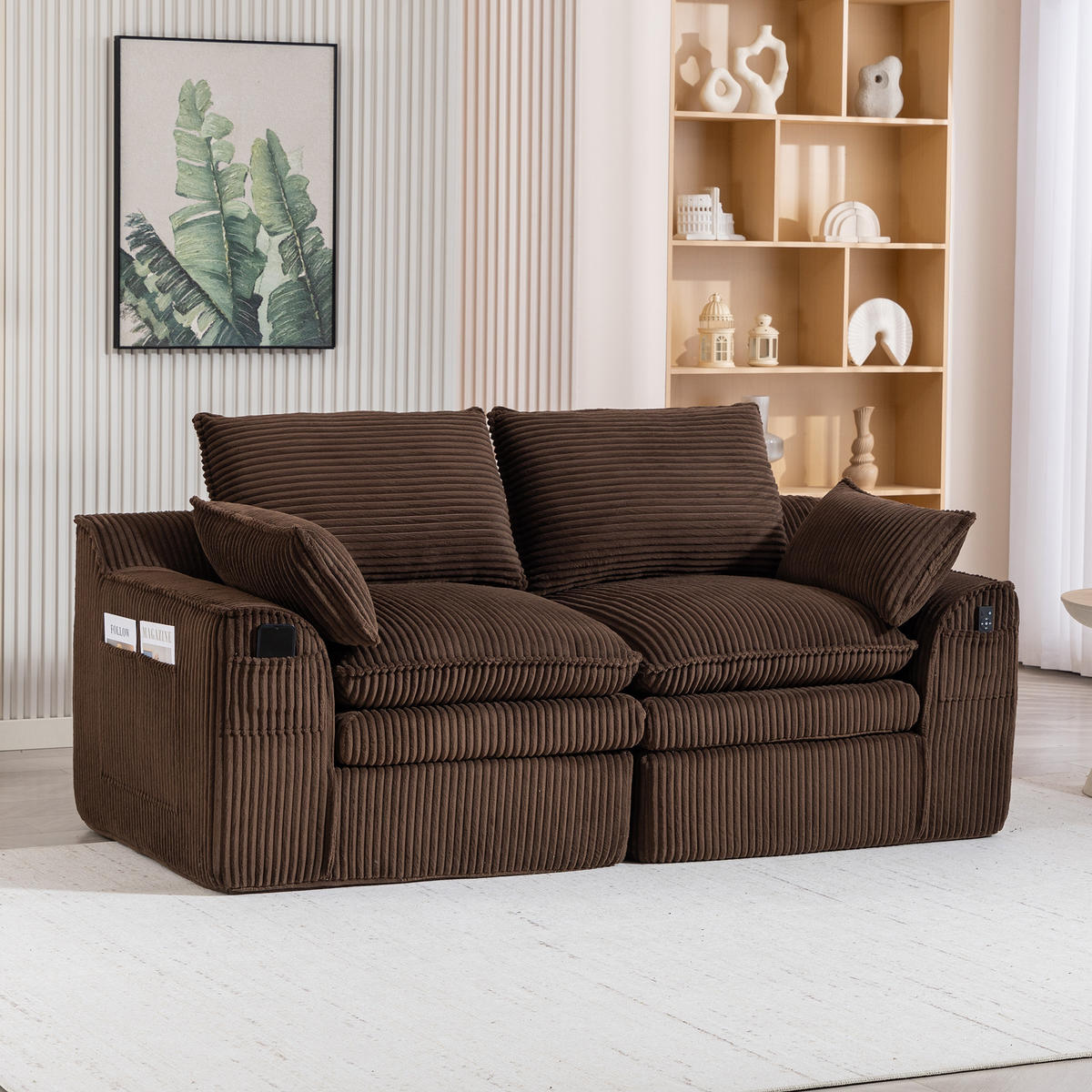 2-SITZER SOFA Cord Braun mit Kissen und Seitentaschen - Braun, Textil (191/85/94cm) - WISHDOR