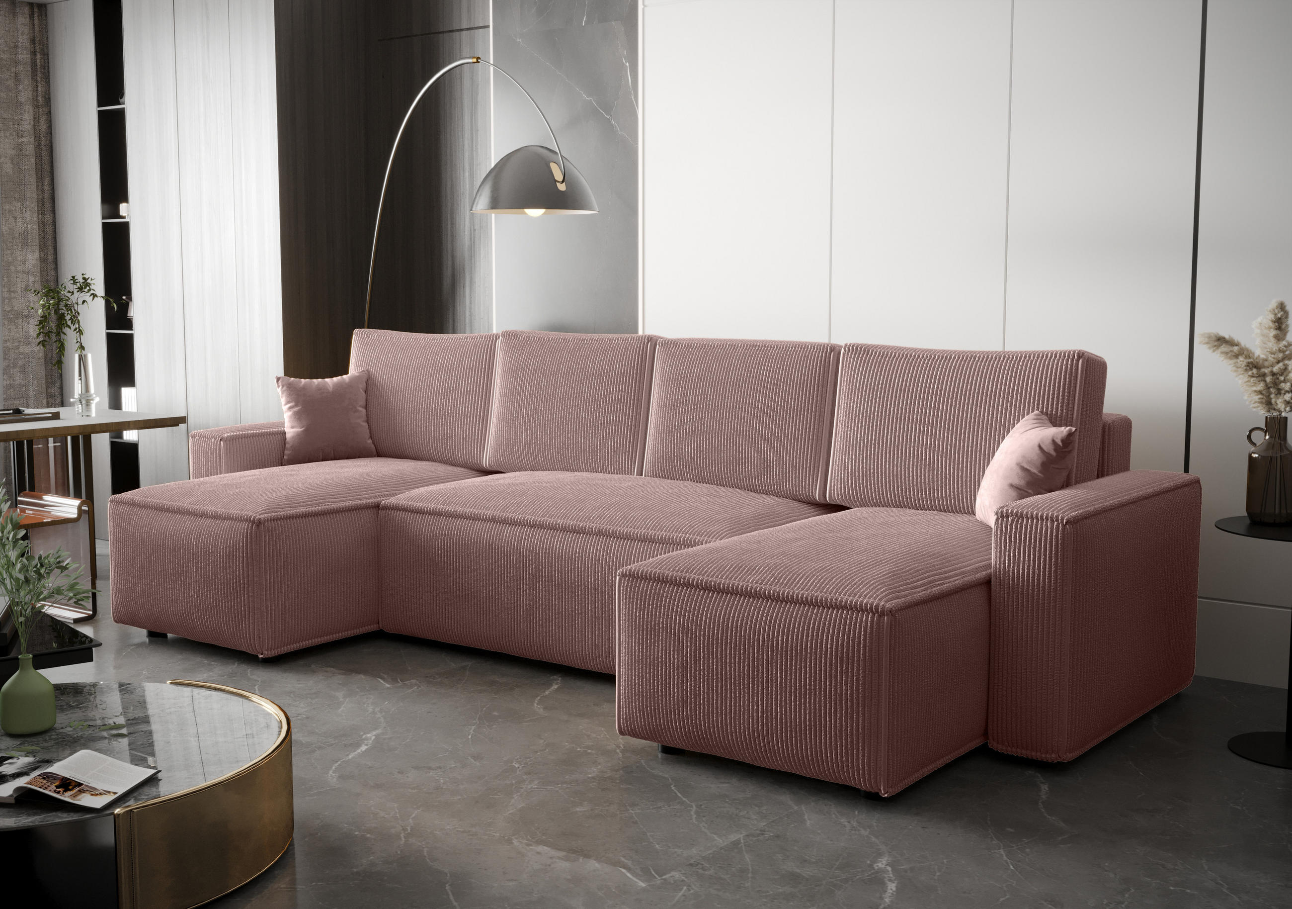 WOHNLANDSCHAFT U AMBRO Poso 27 mit Schlaffunktion U-Form, Sofa mit Stauraum - Rosa, Textil (300/85/143cm) - Bedante