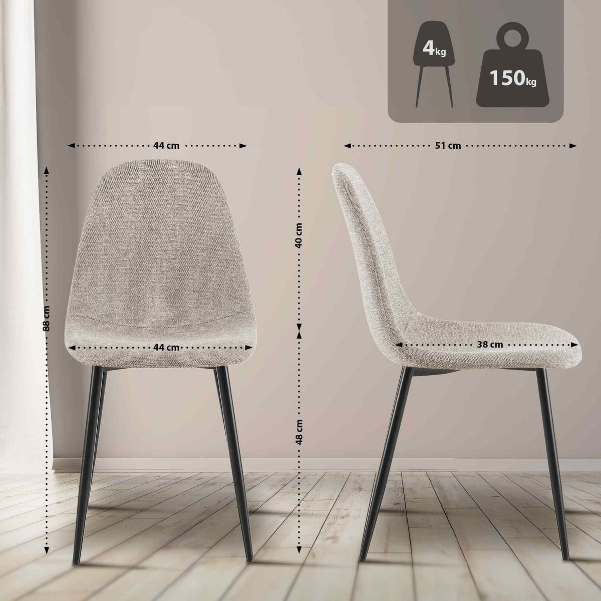 STUHL 4er Set Stoff Creme - Creme/Schwarz, Textil/Metall (44/88/51cm) - CLP